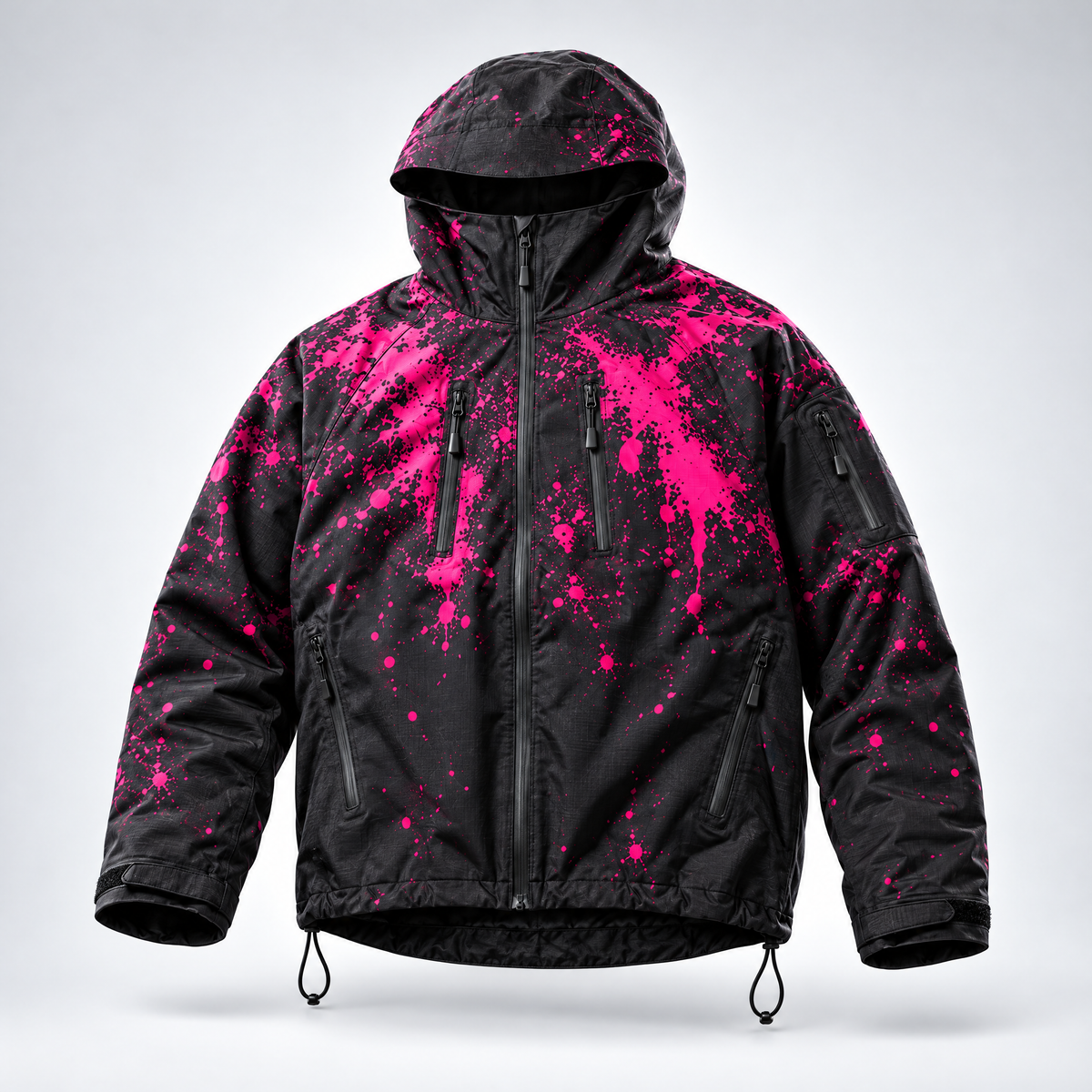 Chaqueta Nevara Snow negra con salpicaduras fucsia, foto de estudio