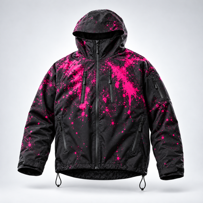 Chaqueta Nevara Snow negra con salpicaduras fucsia, foto de estudio