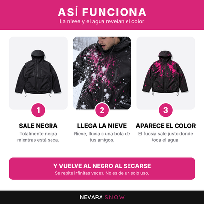 Así funciona: la chaqueta sale negra, la nieve la moja y aparece el color fucsia