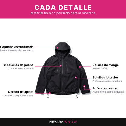 Detalles técnicos: capucha estructurada, cremalleras selladas, bolsillos y puños ajustables